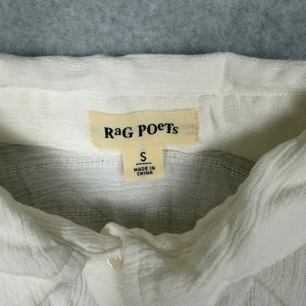 RAG POETS White Textured Cropped Button Up Shirt Dolman Sleeve Tie Front Size S